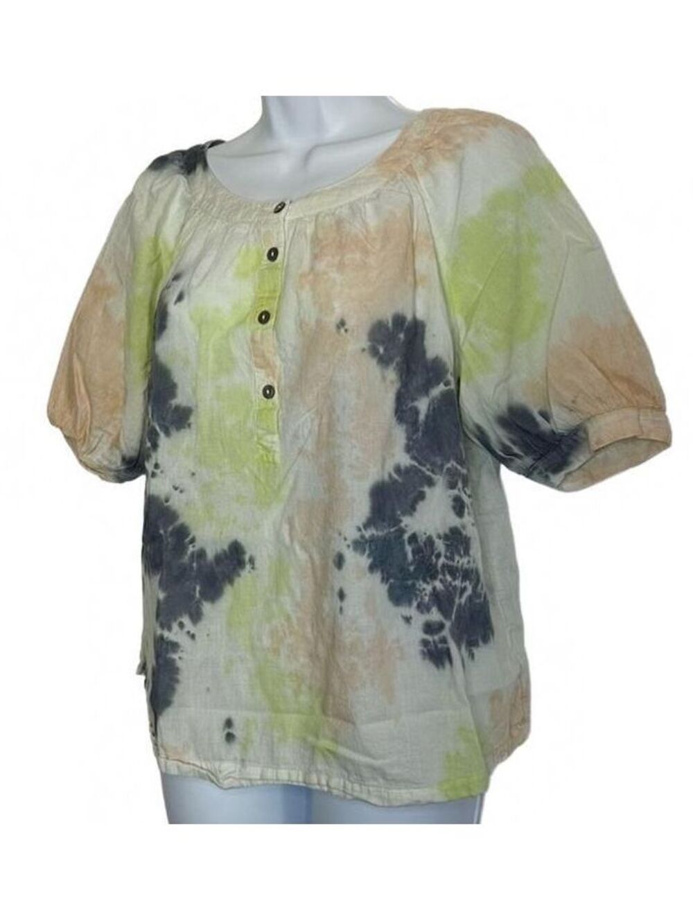Elizabeth and James Women's Tie-Dye Button-Front Puff Sleeve T-Shirt, SM